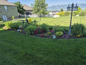 View of yard with blooming flowers,  a mountain view and a residential view