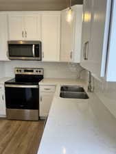 Kitchen with white cabinetry, backsplash, appliances with stainless steel finishes, and a sink