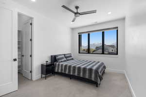 Bedroom with visible vents, baseboards, and light carpet