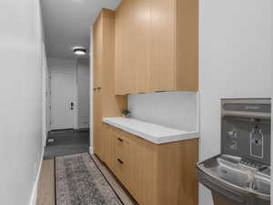 Interior space featuring light wood finished floors, modern cabinets, and light brown cabinets