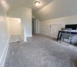 Interior space featuring vaulted ceiling and carpet flooring