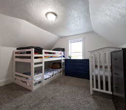 Carpeted bedroom featuring vaulted ceiling and a textured ceiling