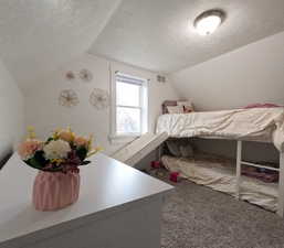 Bedroom with lofted ceiling, a textured ceiling, and carpet floors