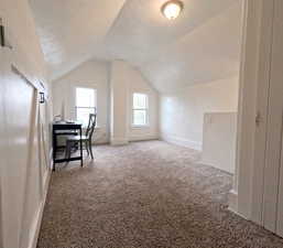 Bonus room with vaulted ceiling, carpet floors, and a textured ceiling