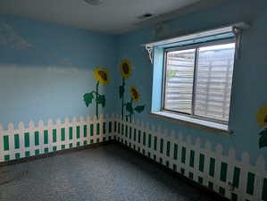 Spare room featuring visible vents and carpet
