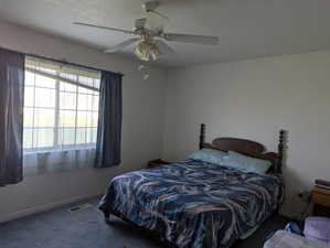 Carpeted bedroom with ceiling fan, baseboards, a textured ceiling, and visible vents