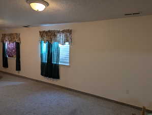 Carpeted empty room featuring a textured ceiling, visible vents, and baseboards