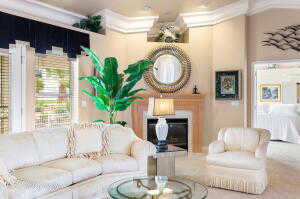 Living area with ornamental molding and a fireplace