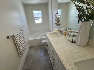 Bathroom with a bath, toilet, and vanity