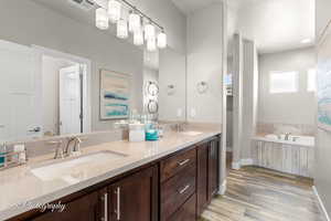 Bathroom featuring baseboards, wood finished floors, visible vents, and a sink