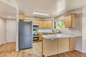 Kitchen with a peninsula, light brown cabinetry, stainless steel appliances, and a sink