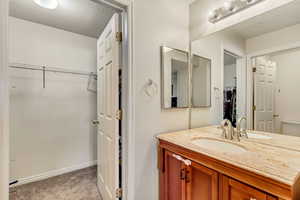 Bathroom with baseboards, vanity, and a spacious closet