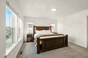 Bedroom featuring baseboards, carpet flooring, multiple windows, and visible vents