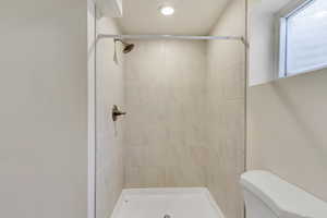 Full bathroom with toilet and a stall shower