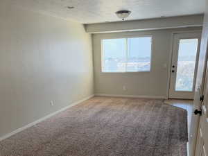 Carpeted empty room with healthy amount of natural light, baseboards, and a textured ceiling
