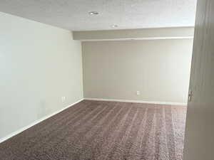 Carpeted empty room with baseboards and a textured ceiling
