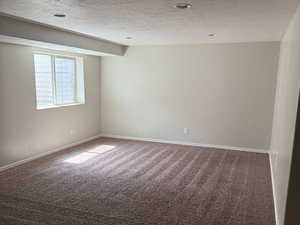 Spare room with baseboards, carpet floors, and a textured ceiling