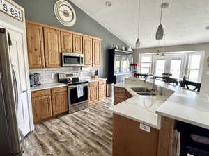 Kitchen featuring stainless steel appliances, a sink, a textured ceiling, tasteful backsplash, and wood finished floors