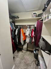 Spacious closet with attic access and carpet flooring