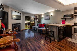 Kitchen with a fireplace, dark wood finished floors, appliances with stainless steel finishes, and open floor plan