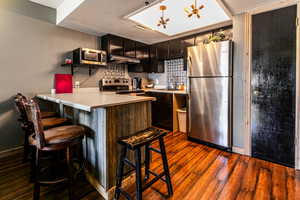 Kitchen with a sink, appliances with stainless steel finishes, dark wood finished floors, a peninsula, and under cabinet range hood
