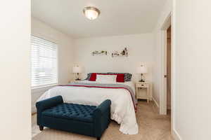 Bedroom with baseboards and carpet
