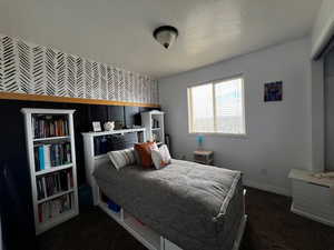 Bedroom featuring dark colored carpet and baseboards