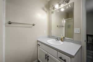 Bathroom featuring vanity and a stall shower