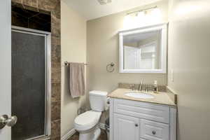 Bathroom with vanity, a shower stall, and toilet