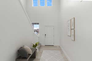 Entryway featuring a towering ceiling, natural light and light wood-style flooring