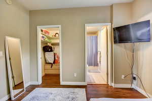 Bedroom featuring a closet, baseboards, dark wood-style floors, and a walk in closet