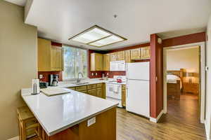 Kitchen featuring a sink, light countertops, white appliances, a peninsula, and wood finished floors