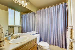 Full bath featuring toilet, vanity, a shower with shower curtain, and visible vents