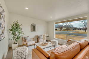 Living room featuring baseboards, wood finished floors, and recessed lighting