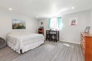 Bedroom with baseboards, carpet, and recessed lighting