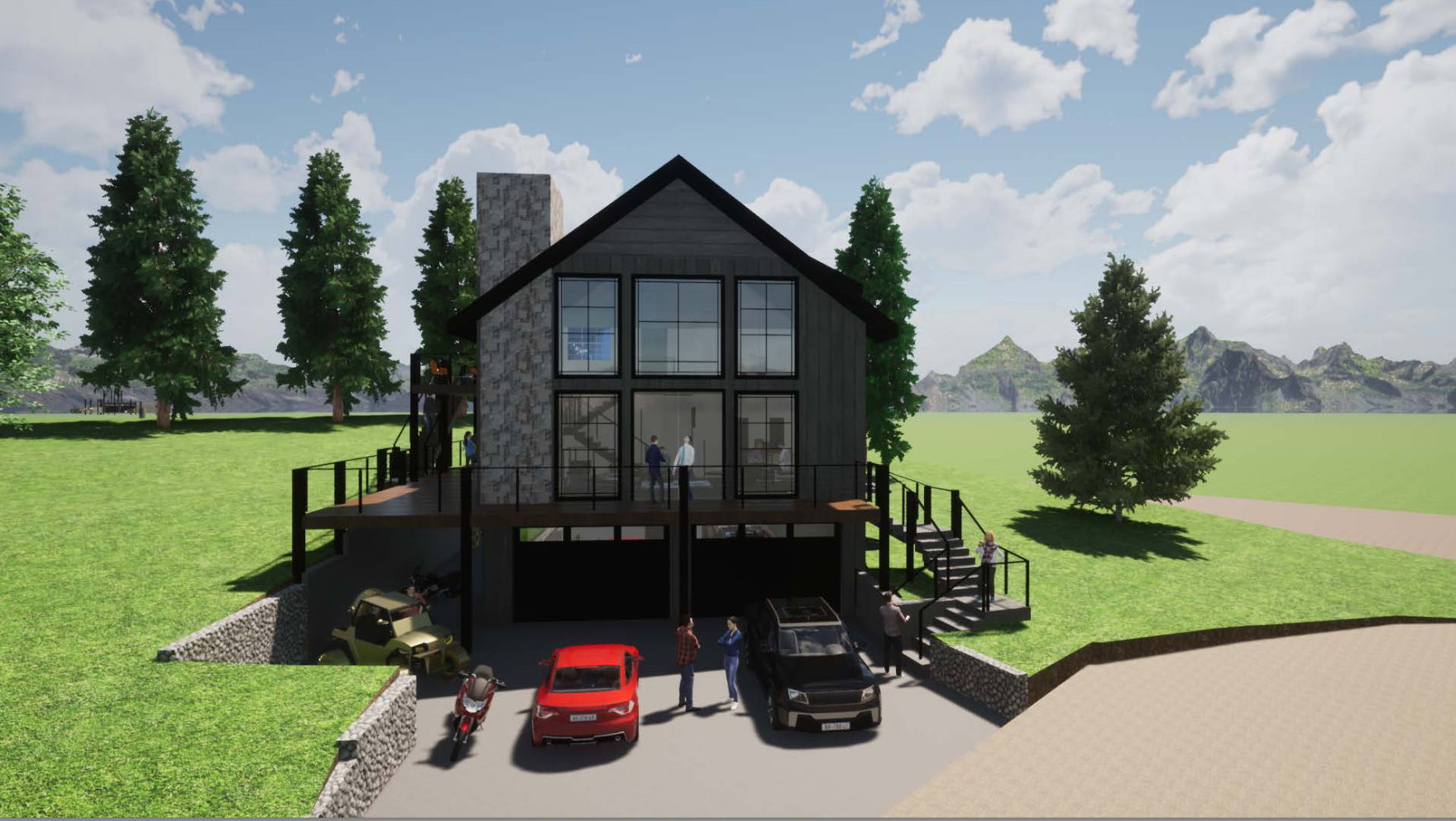 Back of house featuring stairway, a chimney, a yard, and a mountain view