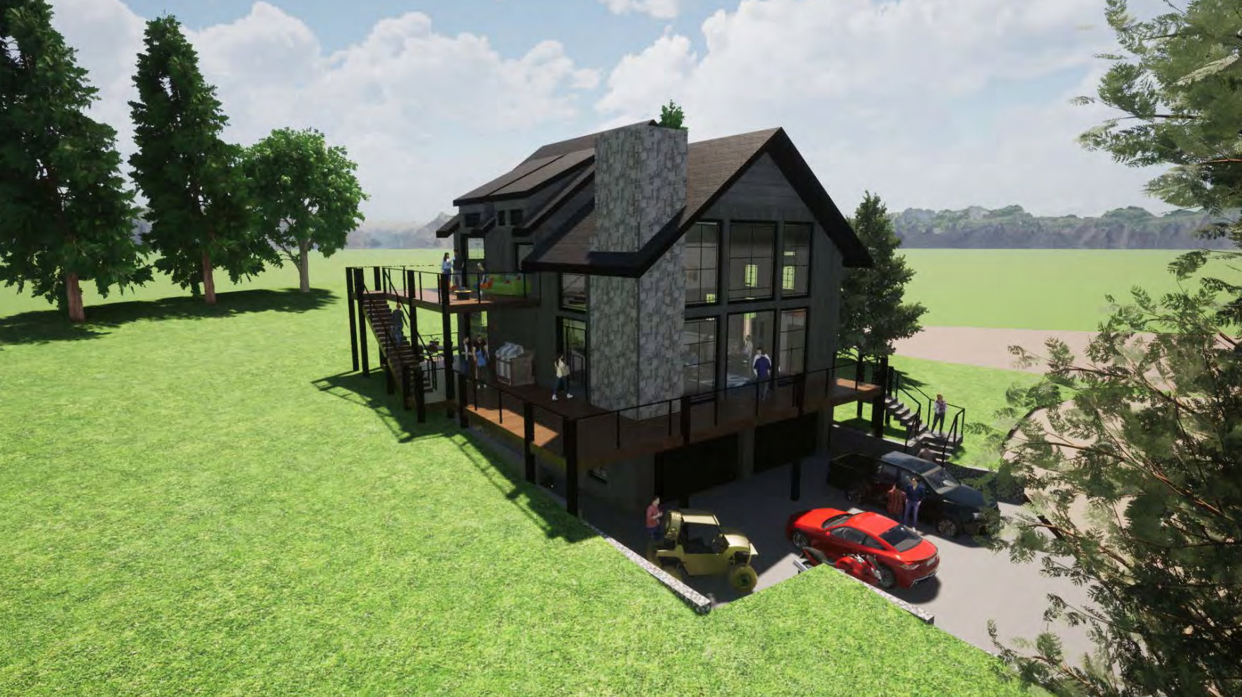 Rear view of property featuring a lawn, stairway, and a deck