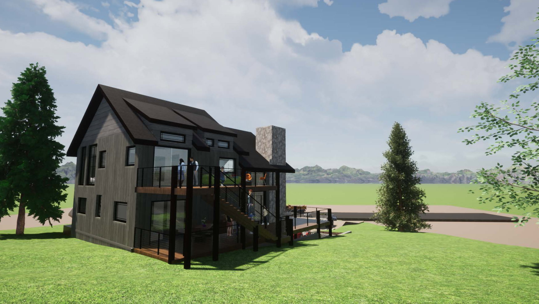 Exterior space with a lawn, a chimney, and stairs
