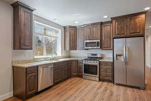 Kitchen featuring a sink, light wood-type flooring, dark brown cabinetry, recessed lighting, and stainless steel appliances
