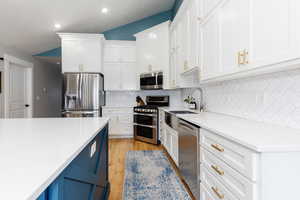 Kitchen with white cabinets, appliances with stainless steel finishes, decorative backsplash, and a sink