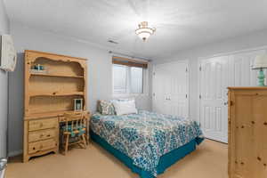 Bedroom with multiple closets, visible vents, a textured ceiling, and light colored carpet