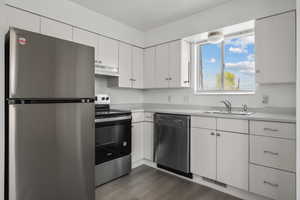 Kitchen with white cabinets, dark wood-style floors, a sink, under cabinet range hood, and appliances with stainless steel finishes