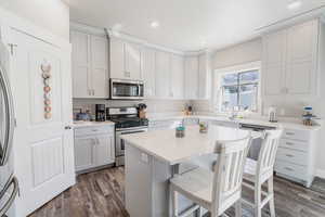 Kitchen featuring dark wood-style floors, stainless steel appliances, a sink, a kitchen island, and a kitchen bar