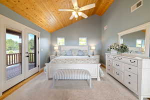 Bedroom featuring lofted ceiling, visible vents, baseboards, wood ceiling, and access to outside