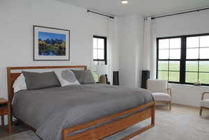 Primary Bedroom with wood finished floors, multiple windows, and recessed lighting