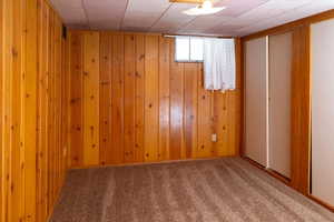 Spare room featuring wood walls and carpet