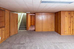 Finished basement with stairway, wood walls, and carpet