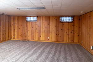 Basement with a wealth of natural light, visible vents, and carpet