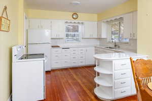 Kitchen featuring dark wood finished floors, backsplash, a sink, white appliances, and a peninsula