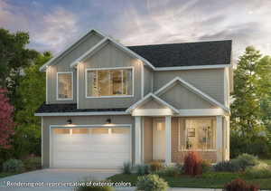 View of front of house with concrete driveway, an attached garage, and a shingled roof